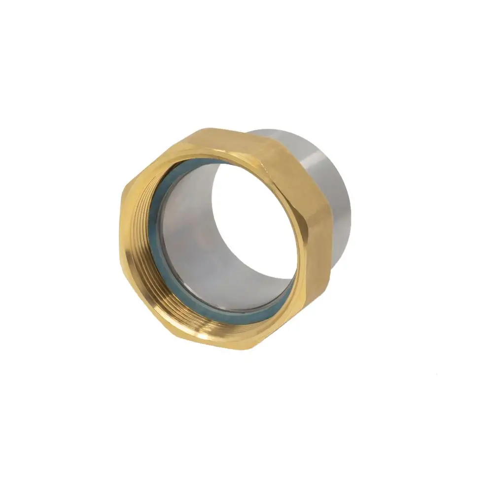 Messinganschlussstück mit einer glatten Innenseite und einem gewindefähigen äußeren Rand. Das Produkt ist von der Marke Danfoss.